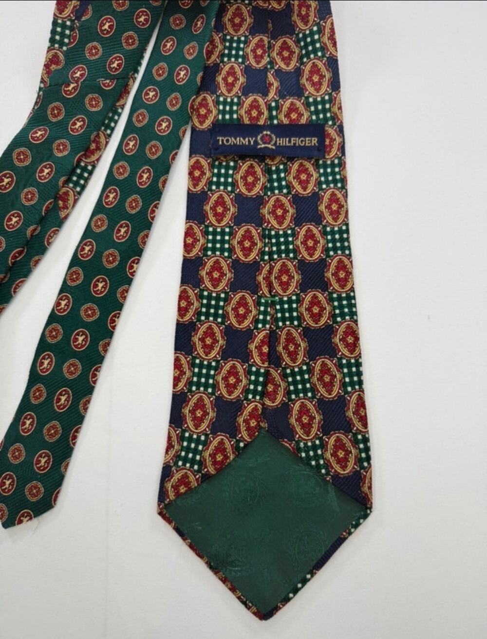 Vintage Tommy Hilfiger Silk Necktie Geometric Crest Medallion Navy Green Gold